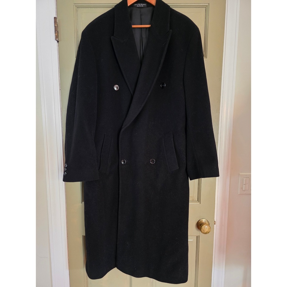 Andrew Fezza Fusion Mens Black Cashmere Blend Double Breasted Overcoat Long 48